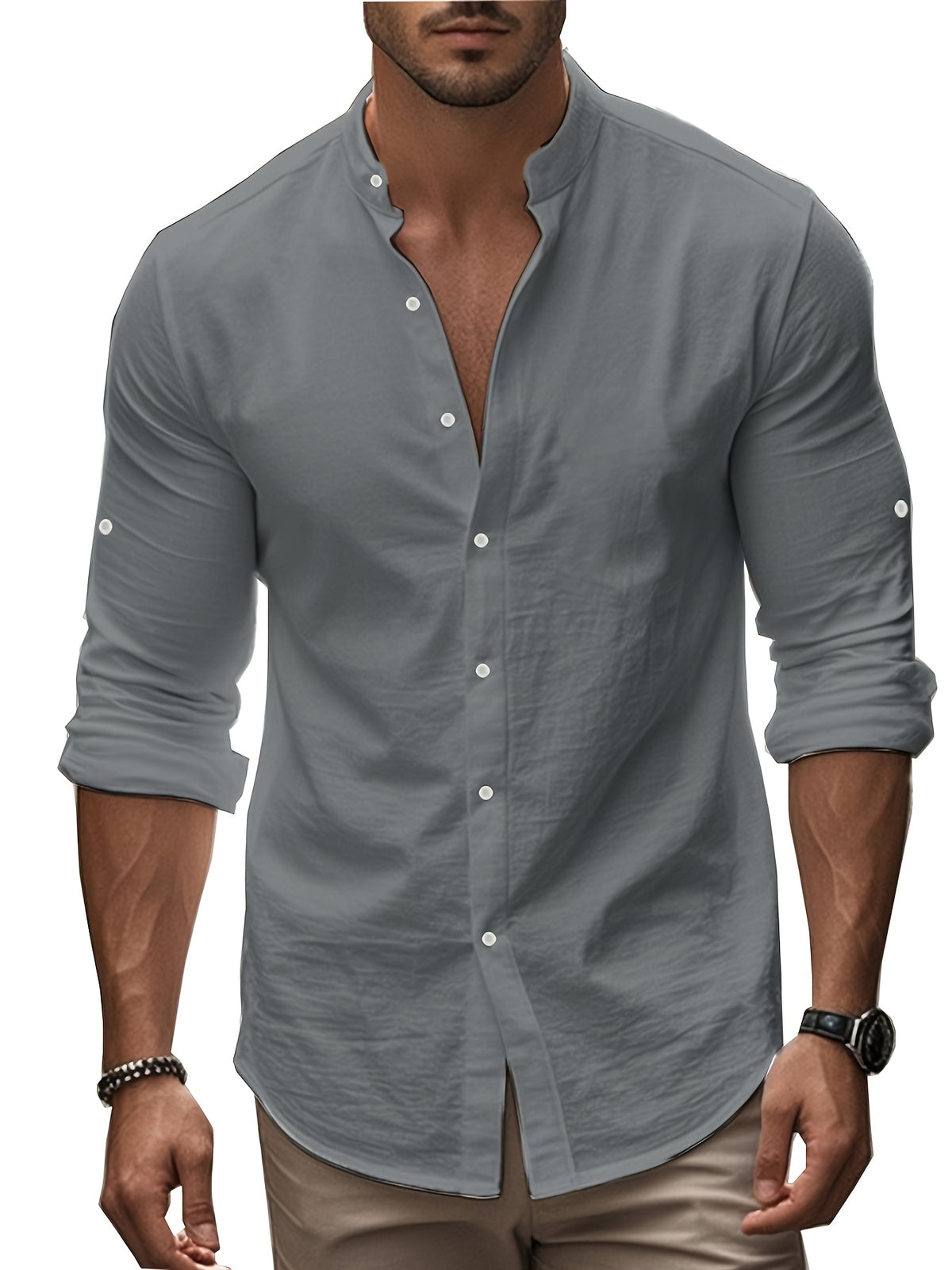 Men’s Linen Shirt – Coastal Holiday Style, Stand Collar