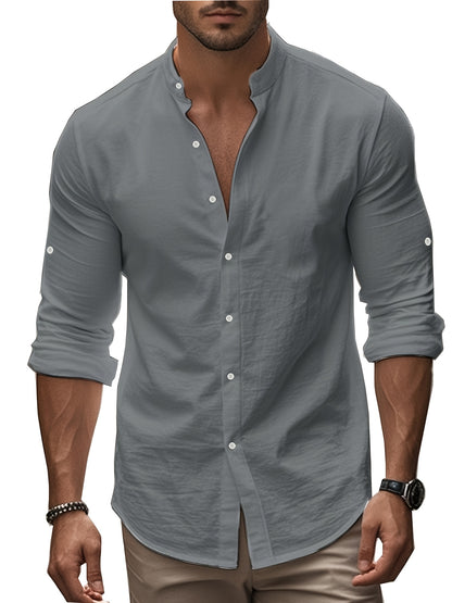 Men’s Linen Shirt – Coastal Holiday Style, Stand Collar