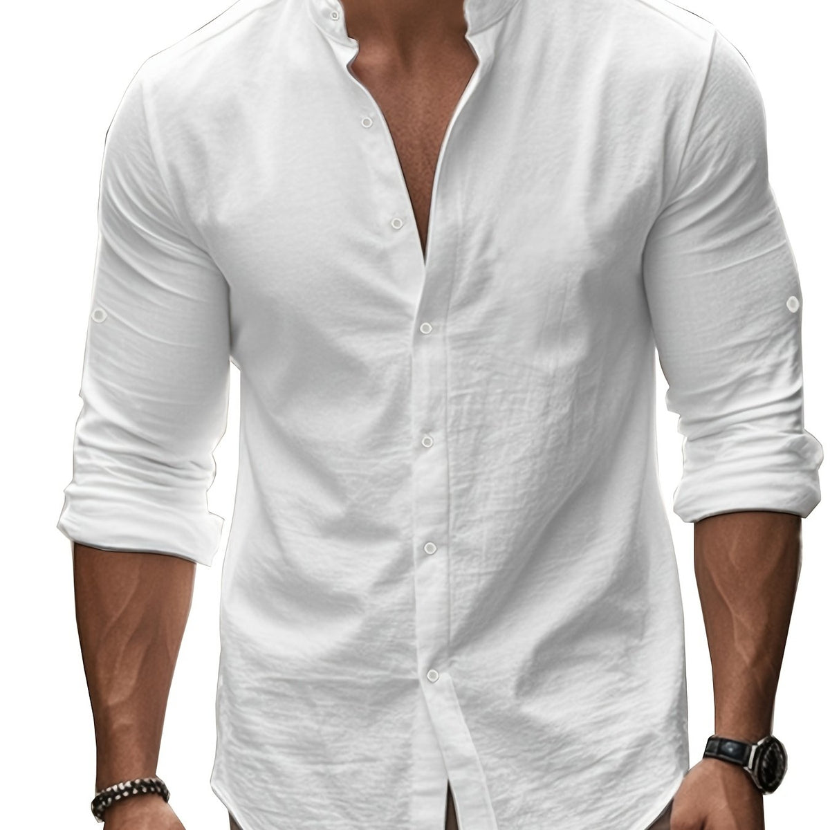 Men’s Linen Shirt – Coastal Holiday Style, Stand Collar