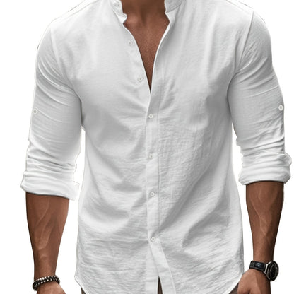 Men’s Linen Shirt – Coastal Holiday Style, Stand Collar