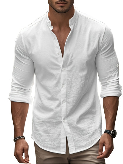 Men’s Linen Shirt – Coastal Holiday Style, Stand Collar
