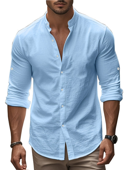Men’s Linen Shirt – Coastal Holiday Style, Stand Collar