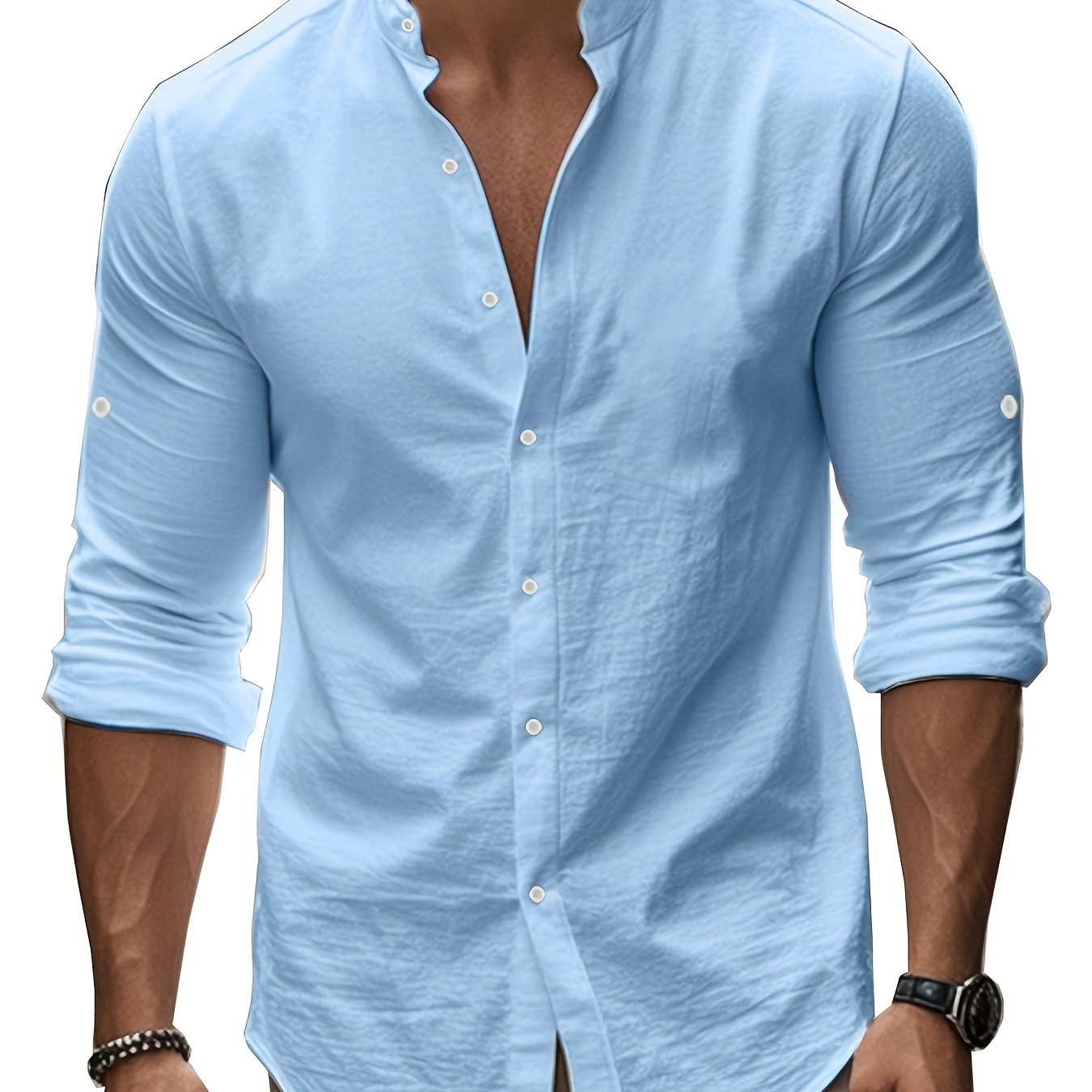 Men’s Linen Shirt – Coastal Holiday Style, Stand Collar