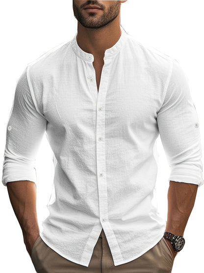 Men’s Linen Shirt – Coastal Holiday Style, Stand Collar