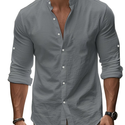 Men’s Linen Shirt – Coastal Holiday Style, Stand Collar