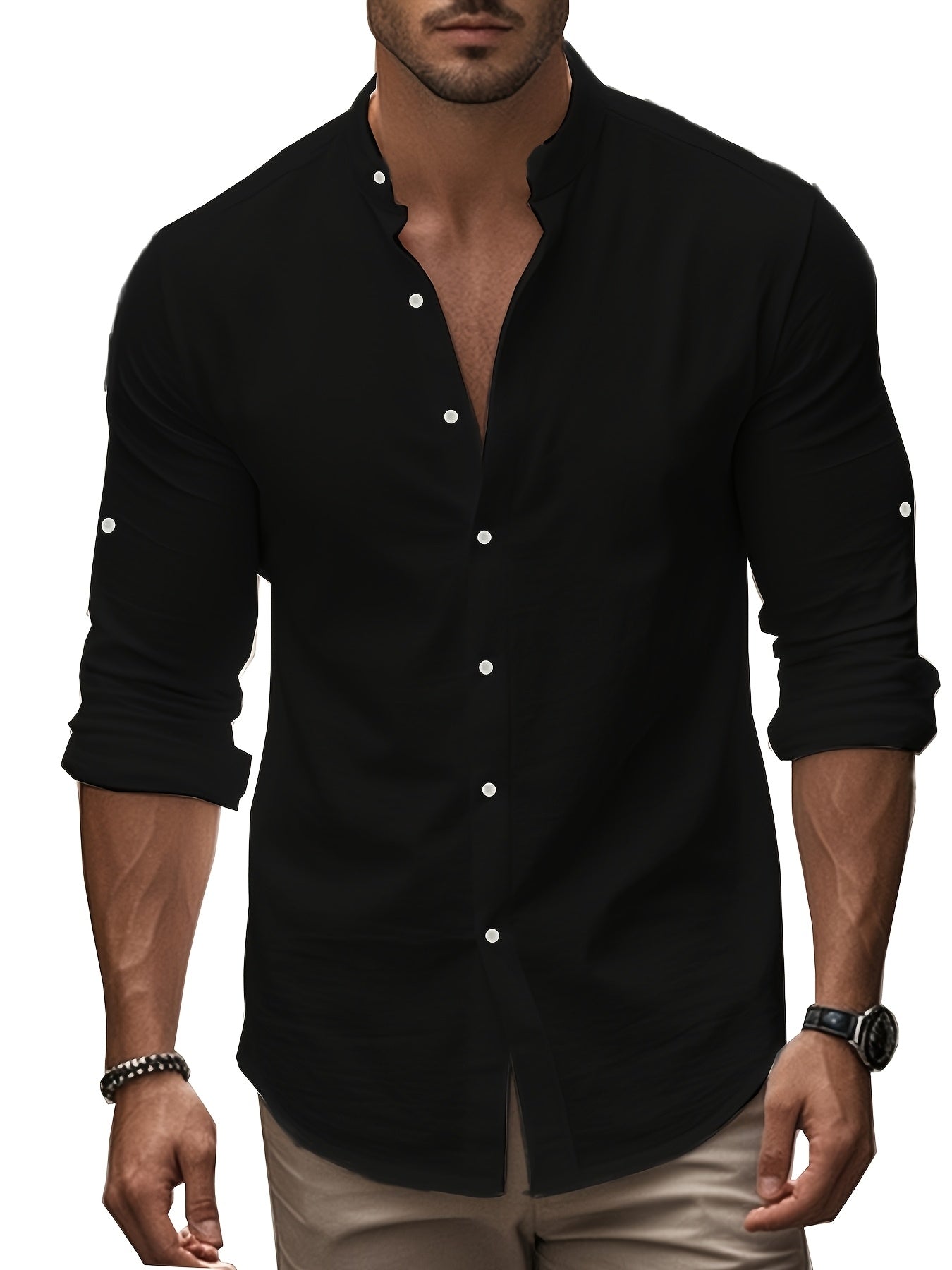 Men’s Linen Shirt – Coastal Holiday Style, Stand Collar
